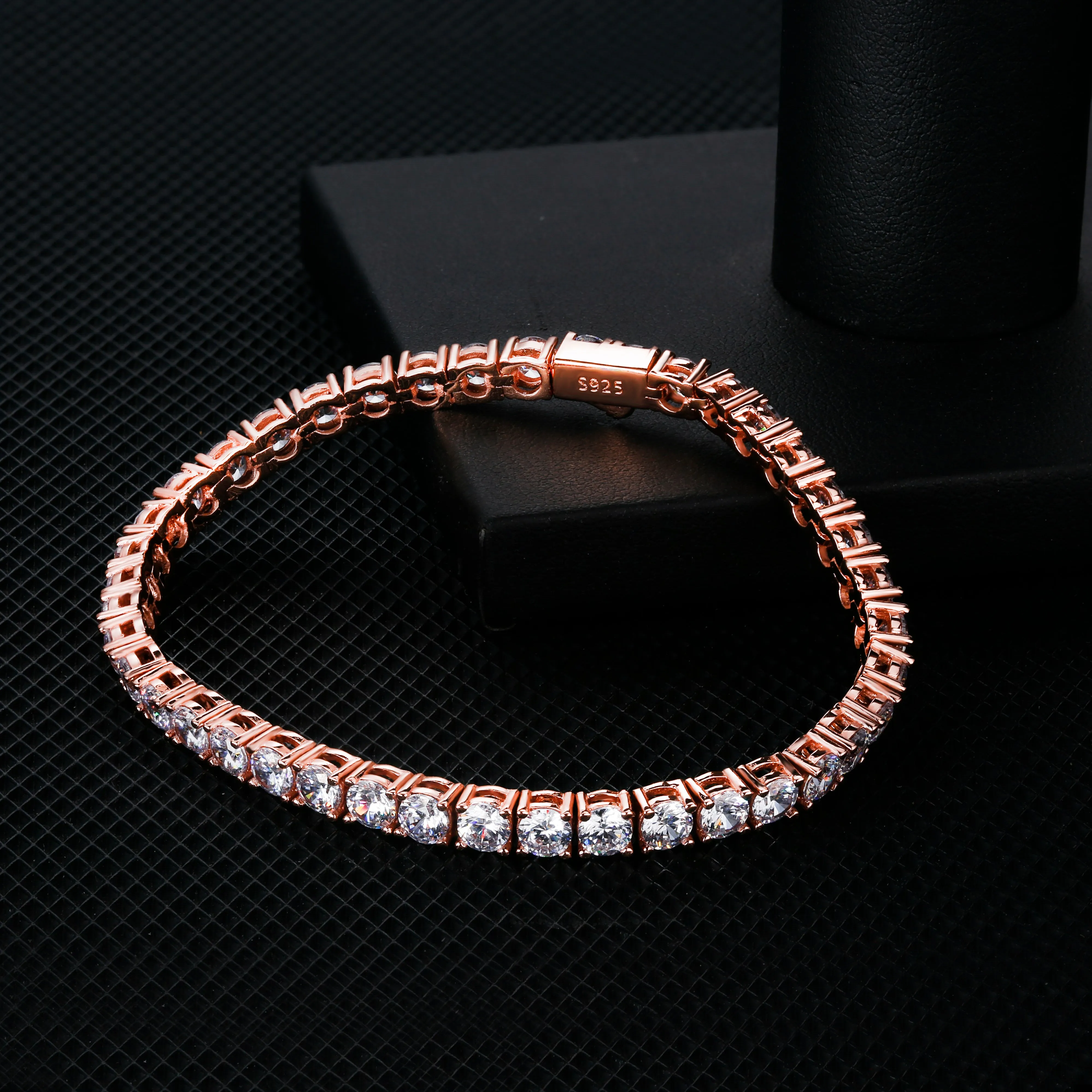 4mm Silver CZ Diamond Tennis Bracelet for Men in Rose Gold KRKC