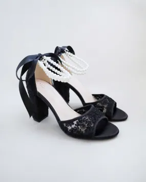 Black Crochet Lace Block Heel Evening Sandals with Double Pearls Ankle Strap