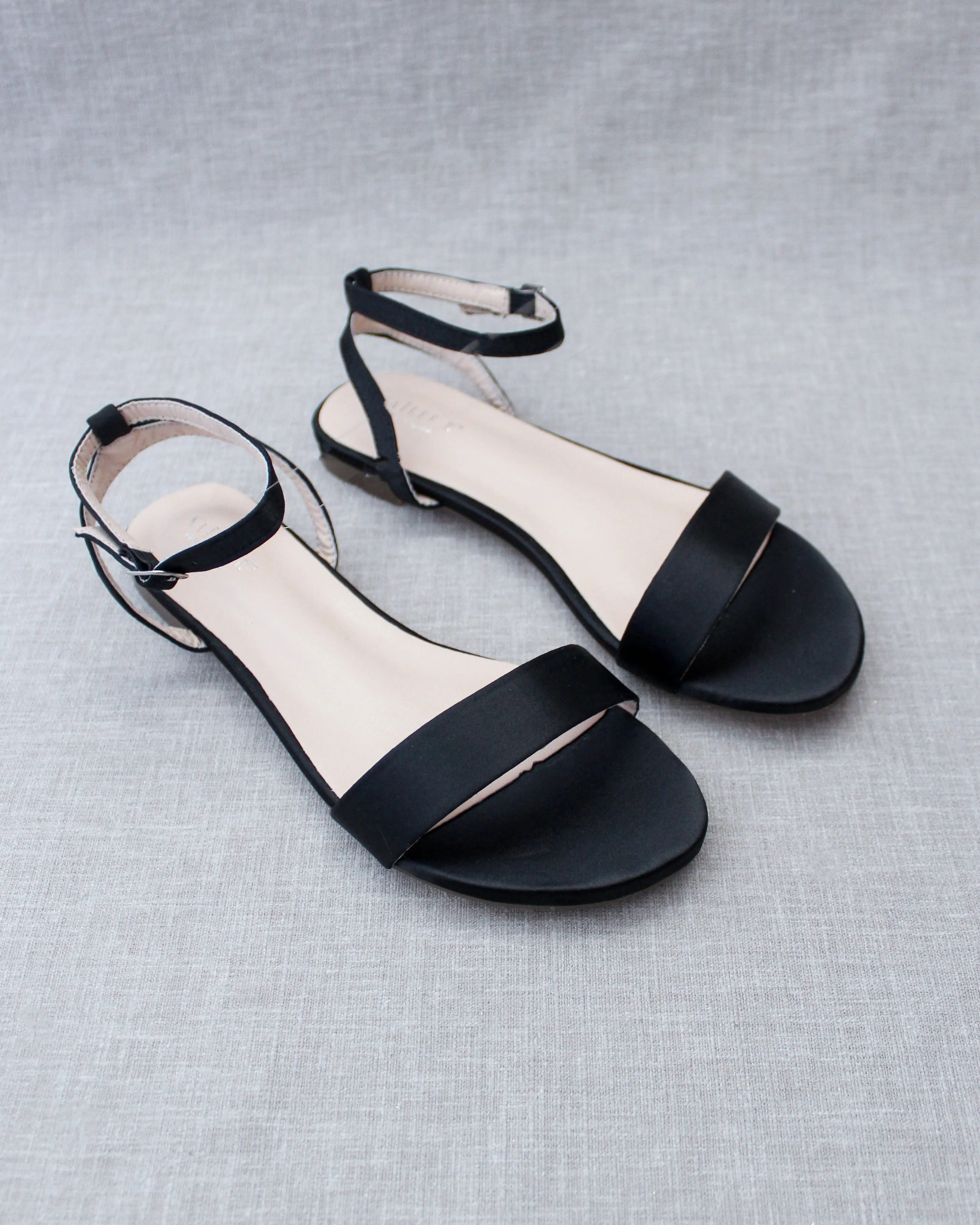 Black Satin Flat Sandal with Ankle Strap