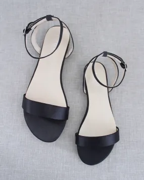 Black Satin Flat Sandal with Ankle Strap