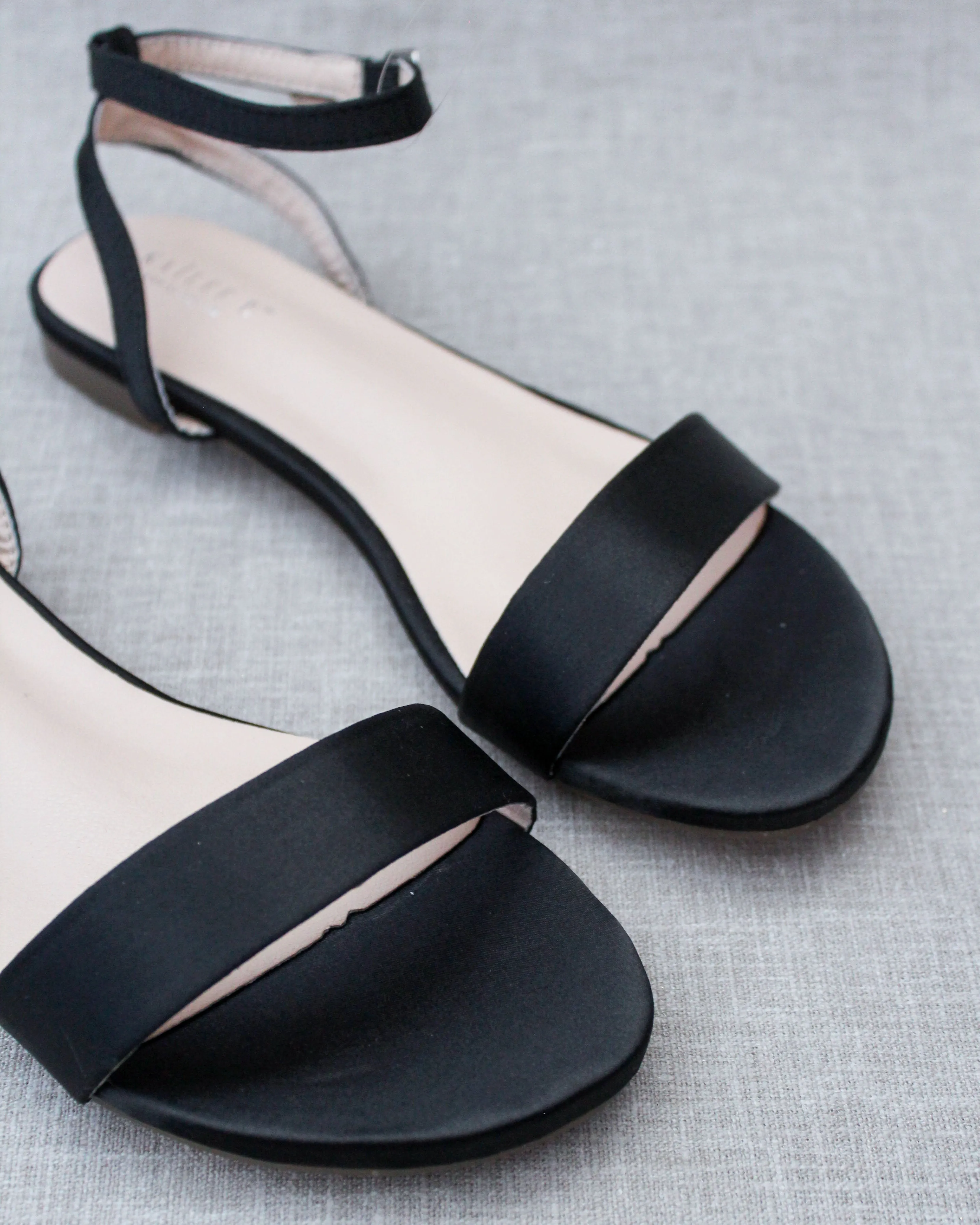 Black Satin Flat Sandal with Ankle Strap