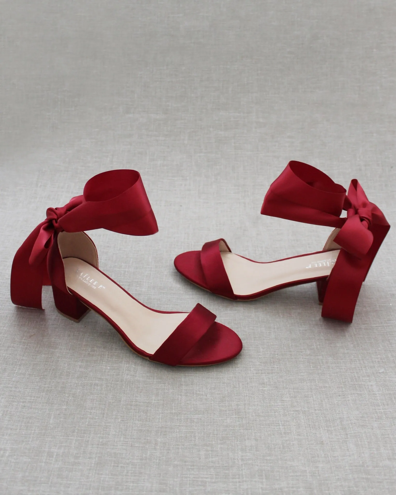 Burgundy Satin Block Heel Sandal with Wrapped Satin Tie