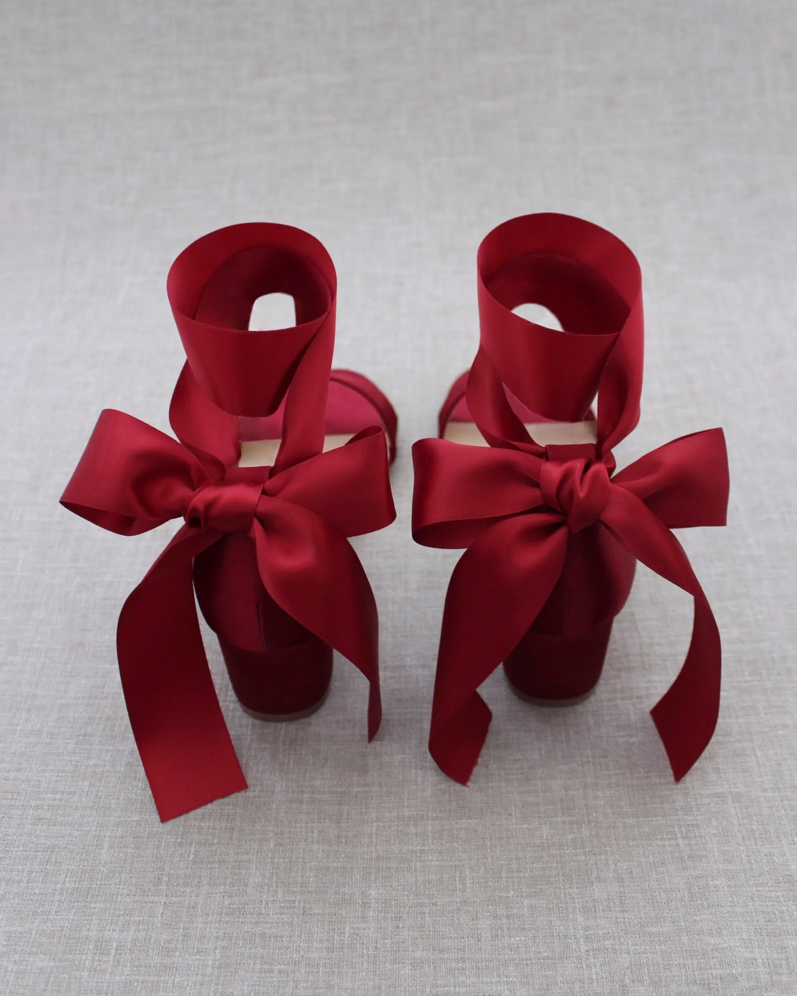 Burgundy Satin Block Heel Sandal with Wrapped Satin Tie