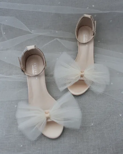 Champagne Satin Block Heel Sandal with Oversized Front Ivory Tulle Bow