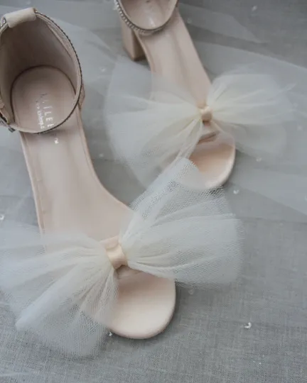 Champagne Satin Block Heel Sandal with Oversized Front Ivory Tulle Bow