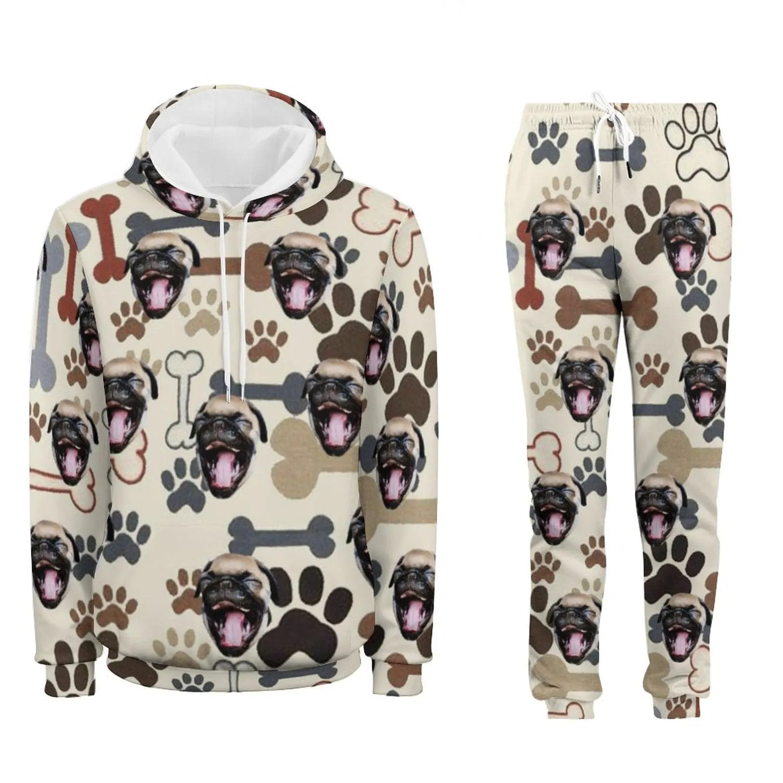 Custom Pet Face Bone Foot Print Unisex Hoodie&Sweatpant Set Personalized Couple Loose Hooded Pullover Casual Joggers