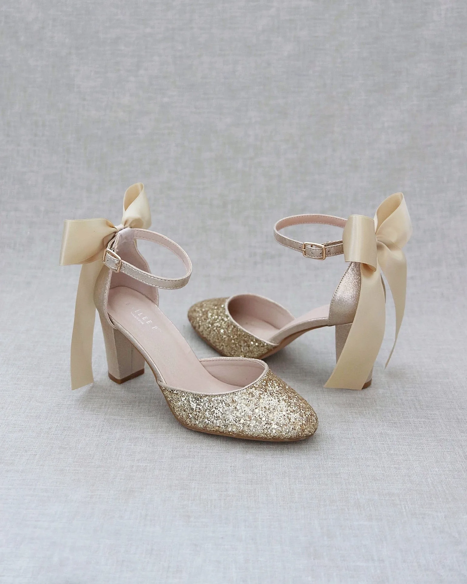 Gold Rock Glitter Block Heel with Back Satin Bow