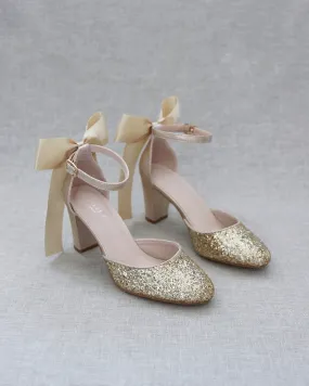 Gold Rock Glitter Block Heel with Back Satin Bow