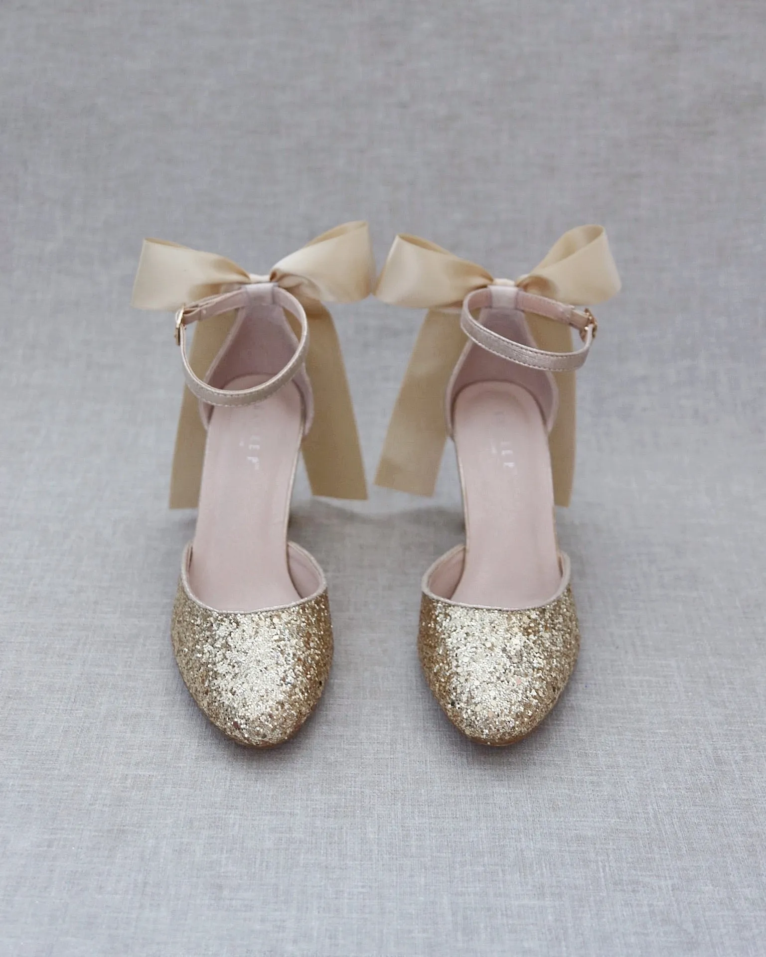 Gold Rock Glitter Block Heel with Back Satin Bow