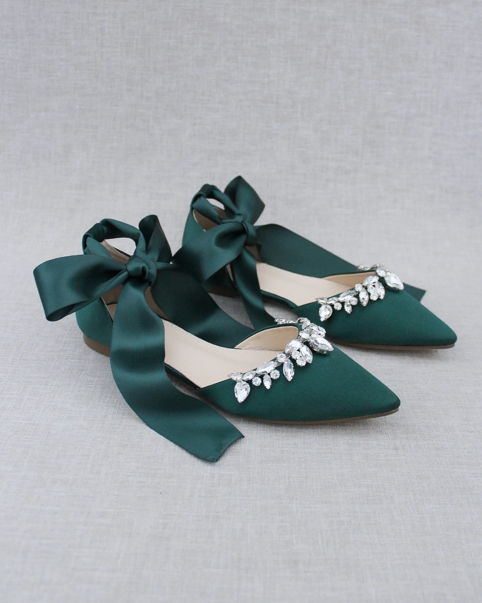 Hunter Green Satin Pointy Toe Flats with Teardrop Rhinestones Embellishments