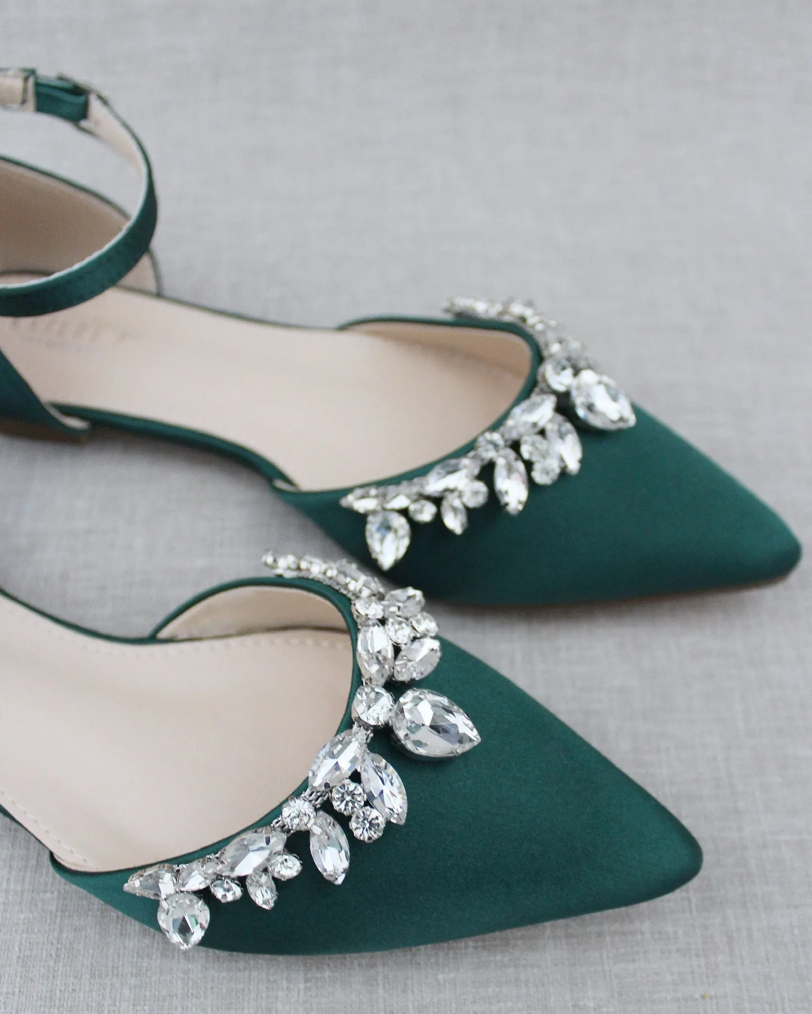 Hunter Green Satin Pointy Toe Flats with Teardrop Rhinestones Embellishments