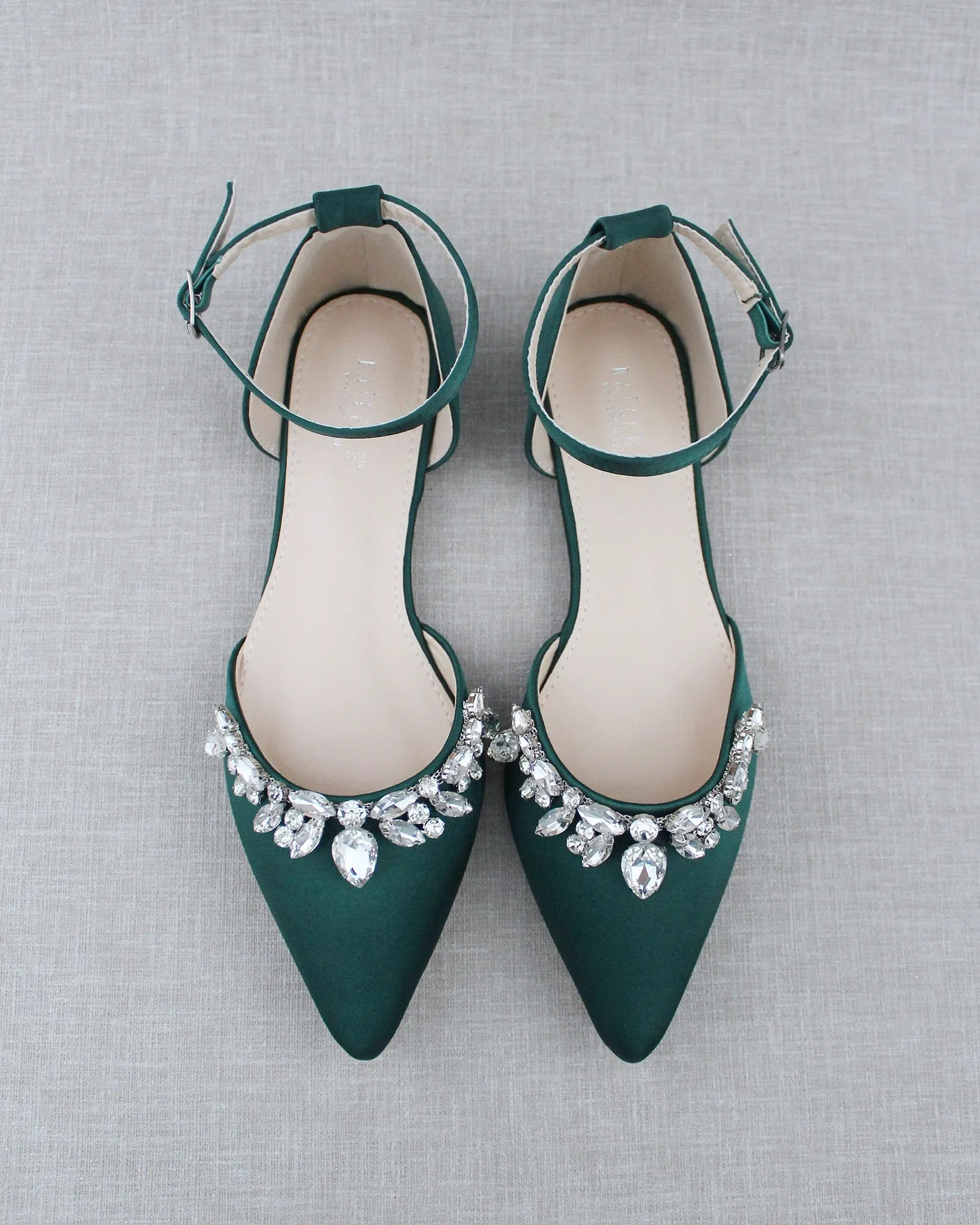 Hunter Green Satin Pointy Toe Flats with Teardrop Rhinestones Embellishments