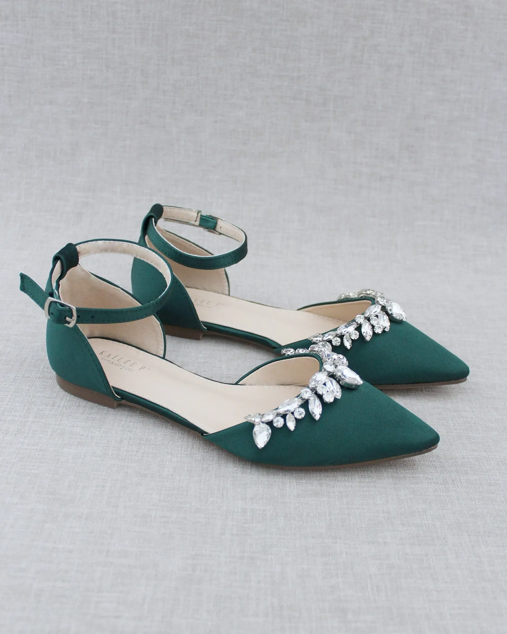 Hunter Green Satin Pointy Toe Flats with Teardrop Rhinestones Embellishments