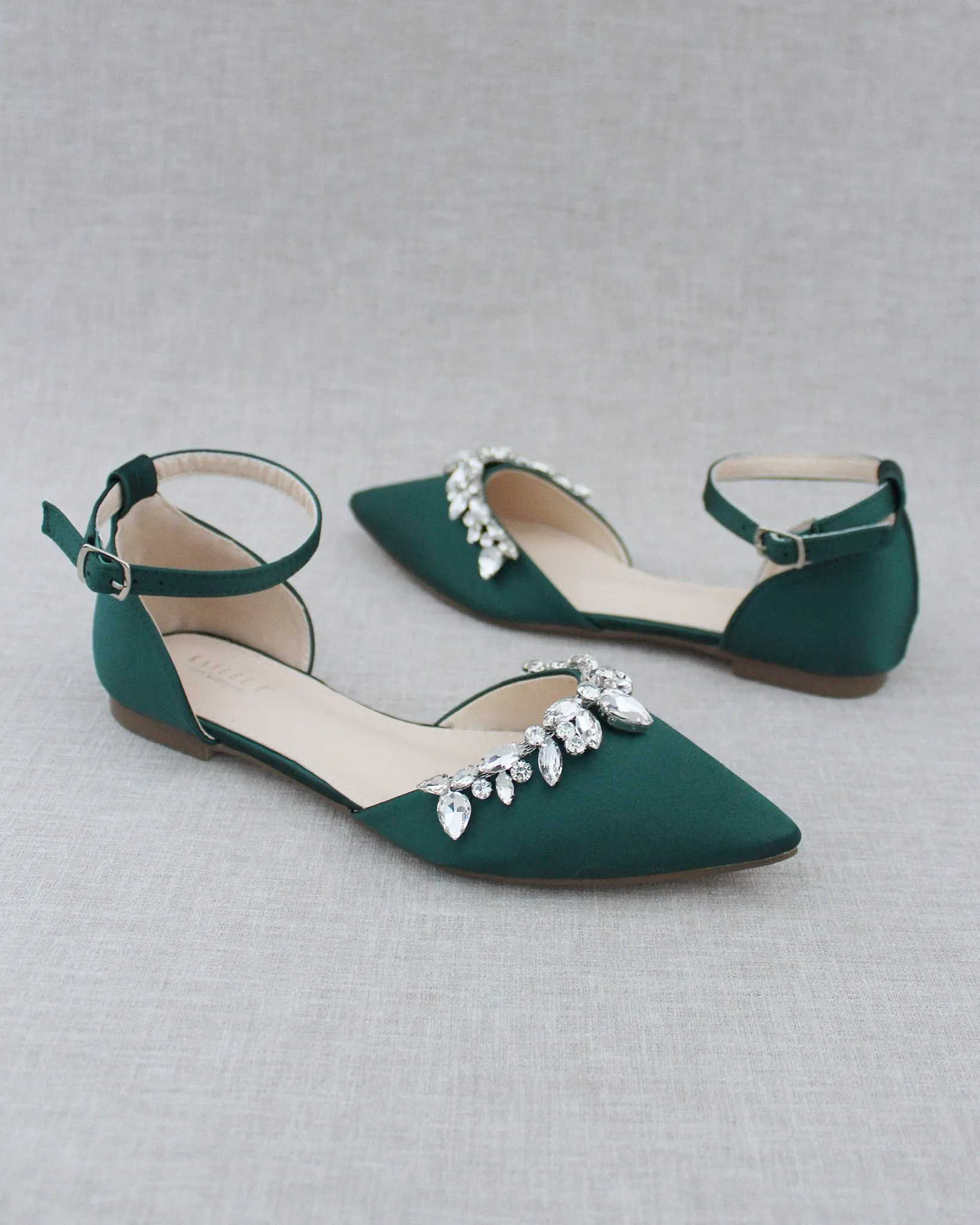 Hunter Green Satin Pointy Toe Flats with Teardrop Rhinestones Embellishments