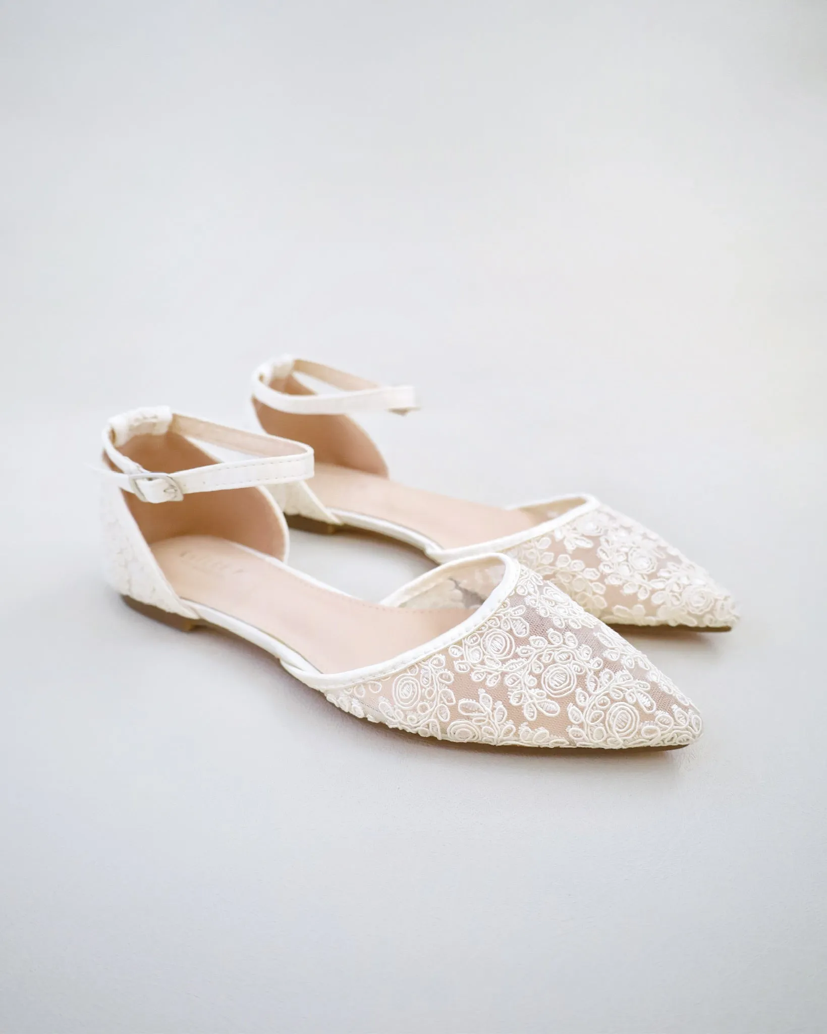 Ivory Crochet Lace Pointy Toe Flats with Ankle Strap