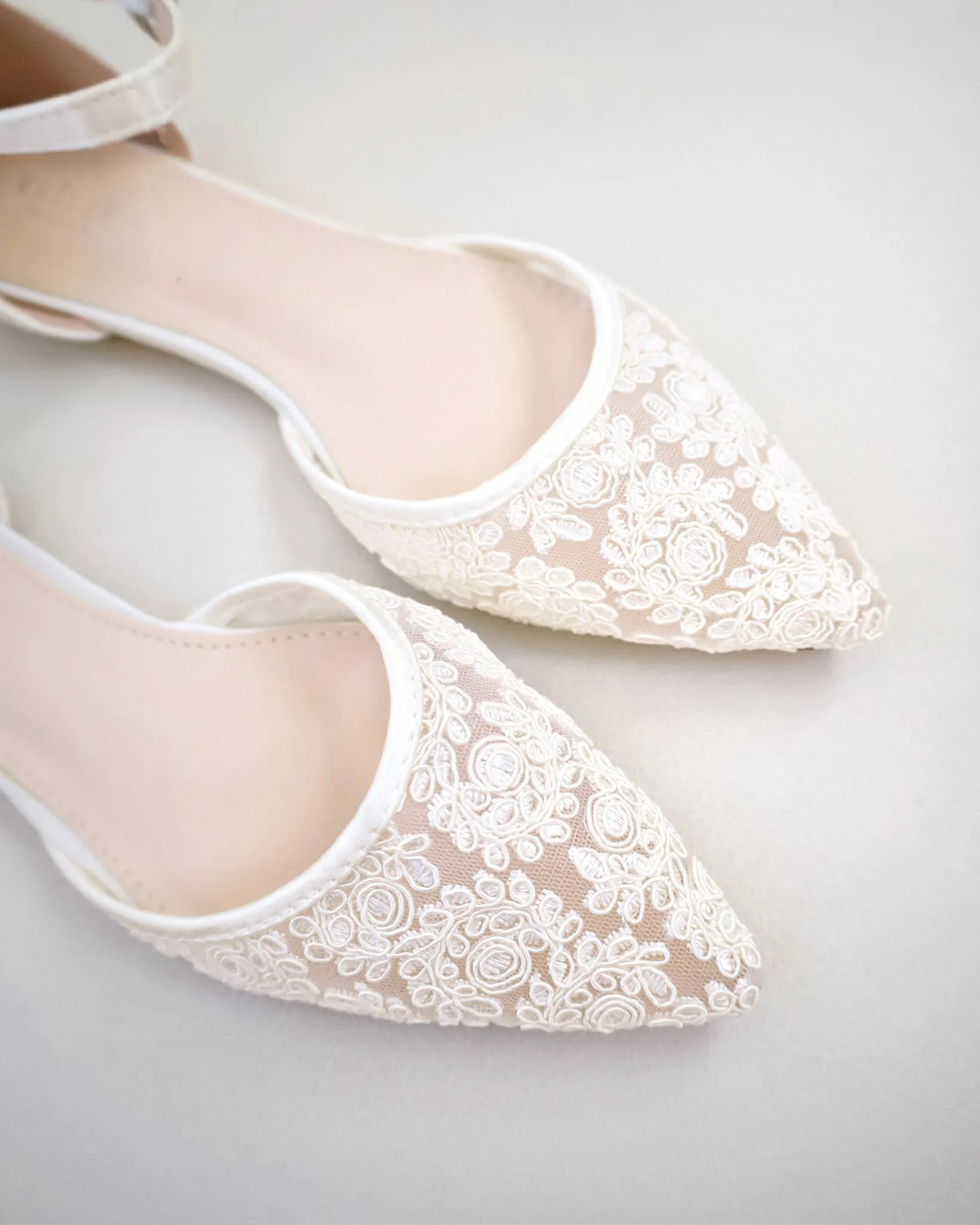 Ivory Crochet Lace Pointy Toe Flats with Ankle Strap