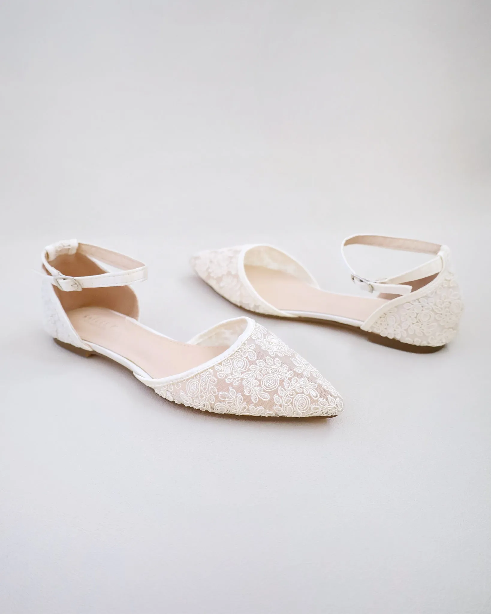 Ivory Crochet Lace Pointy Toe Flats with Ankle Strap