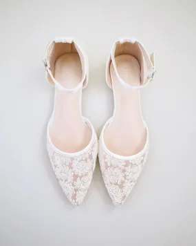 Ivory Crochet Lace Pointy Toe Flats with Ankle Strap