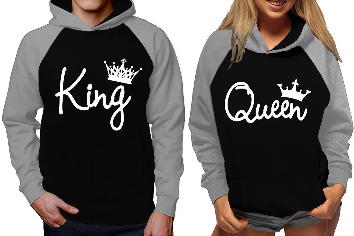 King Queen Couple Raglan Hoodies, Grey Black Contast Hoodies