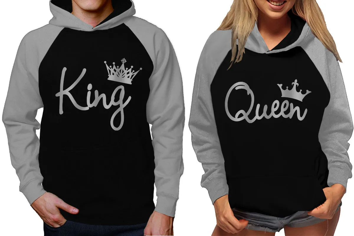 King Queen Couple Raglan Hoodies, Grey Black Contast Hoodies