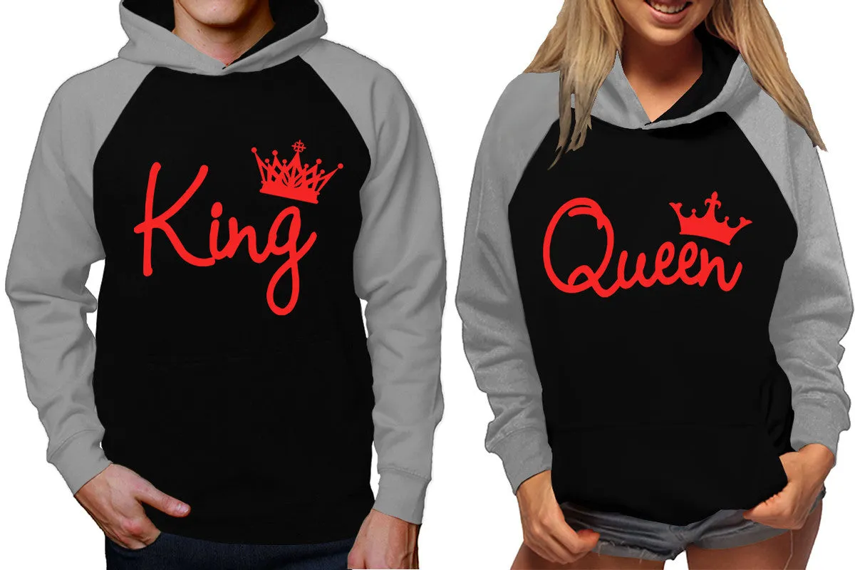 King Queen Couple Raglan Hoodies, Grey Black Contast Hoodies