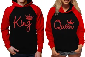 King Queen Couple Raglan Hoodies, Red Black Contast Hoodies