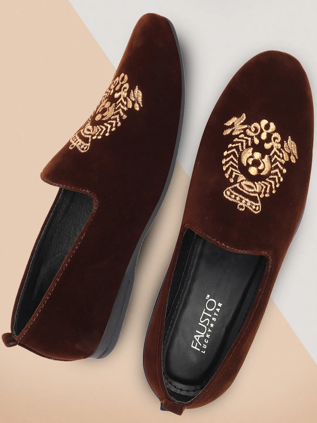 Men Brown Velvet Embroidery Design Party Casual Loafer Shoes