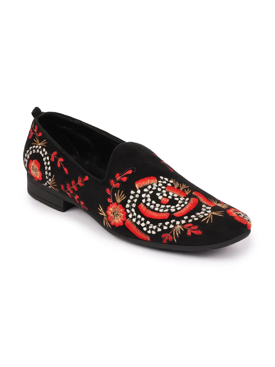 Men Red Embroidery Floral Print Velvet Party Slip On Loafers Shoes