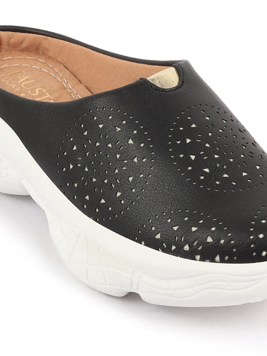 Women Black Laser Cut Design Back Open Slip On Mules Shoes